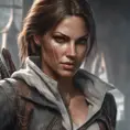 Matte portrait of a beautiful Lara Croft in Assassin's Creed style, 8k, Highly Detailed, Intricate, Realistic, Sharp Focus, Volumetric Lighting, Fantasy, Elegant by Stanley Artgerm Lau, WLOP, Stefan Kostic