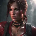 Matte portrait of the beautiful Lara Croft in dark red, 8k, Highly Detailed, Intricate, Realistic, Sharp Focus, Volumetric Lighting, Fantasy, Elegant by Stanley Artgerm Lau, WLOP, Stefan Kostic