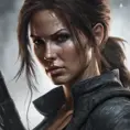 Matte portrait of the beautiful Lara Croft in black, 8k, Highly Detailed, Intricate, Realistic, Sharp Focus, Volumetric Lighting, Fantasy, Elegant by Stanley Artgerm Lau, WLOP, Stefan Kostic