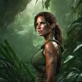 Matte portrait of the beautiful Lara Croft in a green jungle, 8k, Highly Detailed, Intricate, Realistic, Sharp Focus, Volumetric Lighting, Fantasy, Elegant by Stanley Artgerm Lau, WLOP, Stefan Kostic