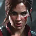 Matte portrait of the beautiful Lara Croft in dark red, 8k, Highly Detailed, Intricate, Realistic, Sharp Focus, Volumetric Lighting, Fantasy, Elegant by Stanley Artgerm Lau, WLOP, Stefan Kostic