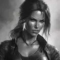 Matte portrait of a beautiful Lara Croft in black leather, 8k, Highly Detailed, Intricate, Realistic, Sharp Focus, Volumetric Lighting, Fantasy, Elegant by Stanley Artgerm Lau, WLOP, Stefan Kostic