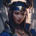 Matte portrait of the beautiful Akali in dark blue, 8k, Highly Detailed, Intricate, Realistic, Sharp Focus, Volumetric Lighting, Fantasy, Elegant by Stanley Artgerm Lau, WLOP, Stefan Kostic