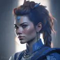 Matte portrait of the beautiful Aloy in dark blue, 8k, Highly Detailed, Intricate, Realistic, Sharp Focus, Volumetric Lighting, Fantasy, Elegant by Stanley Artgerm Lau, WLOP, Stefan Kostic