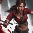 Matte portrait of the beautiful Lara Croft in dark red, 8k, Highly Detailed, Intricate, Realistic, Sharp Focus, Volumetric Lighting, Fantasy, Elegant by Stanley Artgerm Lau, WLOP, Stefan Kostic