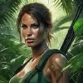 Matte portrait of the beautiful Lara Croft in a green jungle, 8k, Highly Detailed, Intricate, Realistic, Sharp Focus, Volumetric Lighting, Fantasy, Elegant by Stanley Artgerm Lau, WLOP, Stefan Kostic