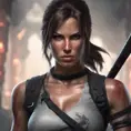 Matte portrait of the beautiful Lara Croft in the style of a Kunoichi Ninja, 8k, Highly Detailed, Intricate, Realistic, Sharp Focus, Volumetric Lighting, Fantasy, Elegant by Stanley Artgerm Lau, WLOP, Stefan Kostic