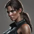 Matte portrait of a beautiful Lara Croft in black leather, 8k, Highly Detailed, Intricate, Realistic, Sharp Focus, Volumetric Lighting, Fantasy, Elegant by Stanley Artgerm Lau, WLOP, Stefan Kostic