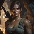 Matte portrait of a beautiful armed Lara Croft in a cave, 8k, Highly Detailed, Intricate, Realistic, Sharp Focus, Volumetric Lighting, Fantasy, Elegant by Stanley Artgerm Lau, WLOP, Stefan Kostic