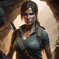 Matte portrait of a beautiful armed Lara Croft in a cave, 8k, Highly Detailed, Intricate, Realistic, Sharp Focus, Volumetric Lighting, Fantasy, Elegant by Stanley Artgerm Lau, WLOP, Stefan Kostic