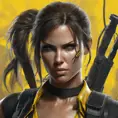 Matte portrait of the beautiful Lara Croft in black and yellow, 8k, Highly Detailed, Intricate, Realistic, Sharp Focus, Volumetric Lighting, Fantasy, Elegant by Stanley Artgerm Lau, WLOP, Stefan Kostic