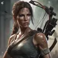 Matte portrait of a beautiful Lara Croft armed with a crossbow, 8k, Highly Detailed, Intricate, Realistic, Sharp Focus, Volumetric Lighting, Fantasy, Elegant by Stanley Artgerm Lau, WLOP, Stefan Kostic