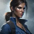 Matte portrait of the beautiful Lara Croft in dark blue, 8k, Highly Detailed, Intricate, Realistic, Sharp Focus, Volumetric Lighting, Fantasy, Elegant by Stanley Artgerm Lau, WLOP, Stefan Kostic