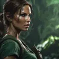 Matte portrait of the beautiful Lara Croft in dark green, 8k, Highly Detailed, Intricate, Realistic, Sharp Focus, Volumetric Lighting, Fantasy, Elegant by Stanley Artgerm Lau, WLOP, Stefan Kostic