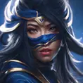 Matte portrait of the beautiful Akali in dark blue, 8k, Highly Detailed, Intricate, Realistic, Sharp Focus, Volumetric Lighting, Fantasy, Elegant by Stanley Artgerm Lau, WLOP, Stefan Kostic