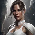 Matte portrait of a beautiful Lara Croft in white, 8k, Highly Detailed, Intricate, Realistic, Sharp Focus, Volumetric Lighting, Fantasy, Elegant by Stanley Artgerm Lau, WLOP, Stefan Kostic