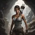 Matte portrait of a beautiful Lara Croft in a cave with arrows, 8k, Highly Detailed, Intricate, Realistic, Sharp Focus, Volumetric Lighting, Fantasy, Elegant by Stanley Artgerm Lau, WLOP, Stefan Kostic