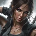 Matte portrait of the beautiful Lara Croft in black, 8k, Highly Detailed, Intricate, Realistic, Sharp Focus, Volumetric Lighting, Fantasy, Elegant by Stanley Artgerm Lau, WLOP, Stefan Kostic