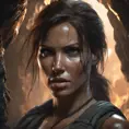 Matte portrait of the beautiful Lara Croft in a cave, 8k, Highly Detailed, Intricate, Realistic, Sharp Focus, Volumetric Lighting, Fantasy, Elegant by Stanley Artgerm Lau, WLOP, Stefan Kostic