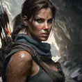 Matte portrait of a beautiful Lara Croft in a cave with arrows, 8k, Highly Detailed, Intricate, Realistic, Sharp Focus, Volumetric Lighting, Fantasy, Elegant by Stanley Artgerm Lau, WLOP, Stefan Kostic