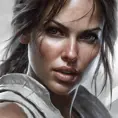 Matte portrait of a beautiful Lara Croft in white, 8k, Highly Detailed, Intricate, Realistic, Sharp Focus, Volumetric Lighting, Fantasy, Elegant by Stanley Artgerm Lau, WLOP, Stefan Kostic