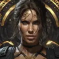 Matte portrait of the beautiful Lara Croft in black and gold, 8k, Highly Detailed, Intricate, Realistic, Sharp Focus, Volumetric Lighting, Fantasy, Elegant by Stanley Artgerm Lau, WLOP, Stefan Kostic