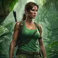 Matte portrait of the beautiful Lara Croft in a green jungle, 8k, Highly Detailed, Intricate, Realistic, Sharp Focus, Volumetric Lighting, Fantasy, Elegant by Stanley Artgerm Lau, WLOP, Stefan Kostic