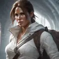 Matte portrait of a beautiful Lara Croft in white Assassin's Creed style, 8k, Highly Detailed, Intricate, Realistic, Sharp Focus, Volumetric Lighting, Fantasy, Elegant by Stanley Artgerm Lau, WLOP, Stefan Kostic