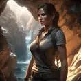 Matte portrait of the beautiful Lara Croft in a cave, 8k, Highly Detailed, Intricate, Realistic, Sharp Focus, Volumetric Lighting, Fantasy, Elegant by Stanley Artgerm Lau, WLOP, Stefan Kostic