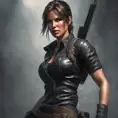 Matte portrait of a beautiful Lara Croft in black leather, 8k, Highly Detailed, Intricate, Realistic, Sharp Focus, Volumetric Lighting, Fantasy, Elegant by Stanley Artgerm Lau, WLOP, Stefan Kostic