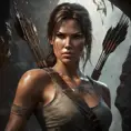 Matte portrait of a beautiful Lara Croft in a cave with arrows, 8k, Highly Detailed, Intricate, Realistic, Sharp Focus, Volumetric Lighting, Fantasy, Elegant by Stanley Artgerm Lau, WLOP, Stefan Kostic