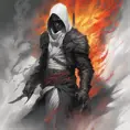 White Assassin emerging from a firey fog of battle, ink splash, Highly Detailed, Vibrant Colors, Ink Art, Fantasy, Dark by Stanley Artgerm Lau