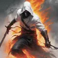 White Assassin emerging from a firey fog of battle, ink splash, Highly Detailed, Vibrant Colors, Ink Art, Fantasy, Dark by Stanley Artgerm Lau