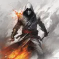 White Assassin emerging from a firey fog of battle, ink splash, Highly Detailed, Vibrant Colors, Ink Art, Fantasy, Dark by Stanley Artgerm Lau