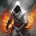 White Assassin emerging from a firey fog of battle, ink splash, Highly Detailed, Vibrant Colors, Ink Art, Fantasy, Dark by Stanley Artgerm Lau