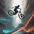 Someone back flipping a 60ft gap with a dual suspension mountain bike, Cybernatic and Sci-Fi, Volumetric light effect by Stanley Artgerm Lau