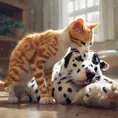 A ginger cat playing with a dalmation, 4k resolution, Atmospheric, High Resolution, Masterpiece by Stanley Artgerm Lau