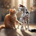 A ginger cat playing with a dalmation, 4k resolution, Atmospheric, High Resolution, Masterpiece by Stanley Artgerm Lau