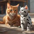 A ginger cat playing with a dalmation, 4k resolution, Atmospheric, High Resolution, Masterpiece by Stanley Artgerm Lau