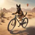 A dog riding a bike in the desert being chased by cat, 8k, Volumetric light effect by Stanley Artgerm Lau