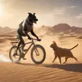 A dog riding a bike in the desert being chased by cat, 8k, Volumetric light effect by Stanley Artgerm Lau