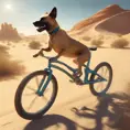 A dog riding a bike in the desert being chased by cat, 8k, Volumetric light effect by Stanley Artgerm Lau