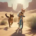 A dog riding a bike in the desert being chased by cat, 8k, Volumetric light effect by Stanley Artgerm Lau