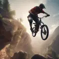 Someone back flipping a 60ft gap with a dual suspension mountain bike, 8k, Volumetric light effect by Stanley Artgerm Lau