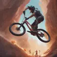 Someone back flipping a 60ft gap with a dual suspension mountain bike, Cybernatic and Sci-Fi, Volumetric light effect by Stanley Artgerm Lau