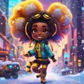 A funny furry half bee and half Human girl with 7 tails, Afrofuturism, Chibi, Cybernatic and Sci-Fi, Cityscape, Snow, Dreamworks, Bloom light effect, Colorful, Ecstatic, Exciting, Joyful