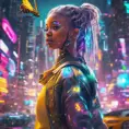 A Cyberpunk half bee and half Human white girl with vizor, Afrofuturism, Cybernatic and Sci-Fi, Cityscape, Bloom light effect, Colorful, Ecstatic, Exciting, Joyful