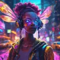 A Cyberpunk half bee and half Human girl with vizor, Afrofuturism, Cybernatic and Sci-Fi, Cityscape, Bloom light effect, Colorful, Ecstatic, Exciting, Joyful