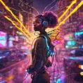 A Cyberpunk half bee and half Human girl with 7 electric wires, Afrofuturism, Cybernatic and Sci-Fi, Cityscape, Bloom light effect, Colorful, Ecstatic, Exciting, Joyful