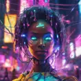 A Cyberpunk half bee and half Human girl with 7 electric wires, Afrofuturism, Cybernatic and Sci-Fi, Cityscape, Bloom light effect, Colorful, Ecstatic, Exciting, Joyful